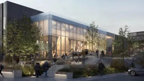 Newcastle City Council A CGI image of how the front of the new complex would look. It shows the building in the dusk, with its big windows lit up, and people walking inside and outside.