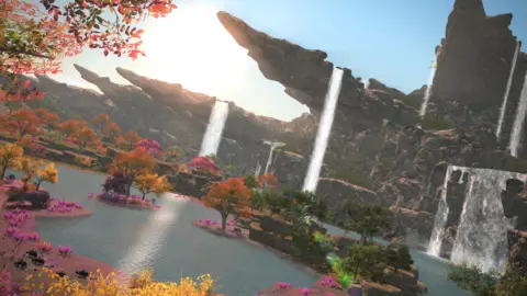 Square Enix A still from Final Fantasy showing colourful trees, a waterfall and blue water, with high rocks and hills.