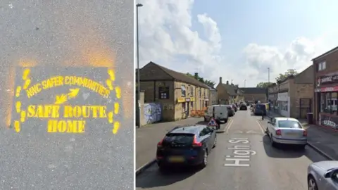 North Northamptonshire Council/ Google Maps Spray-painted writing on the road, it reads: NNC Safer communities. Safe Route Home