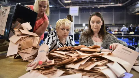 Getty Images Counting staff check ballot papers in the Scottish Parliament elections at the Emirates Arena on May 5, 2016 in