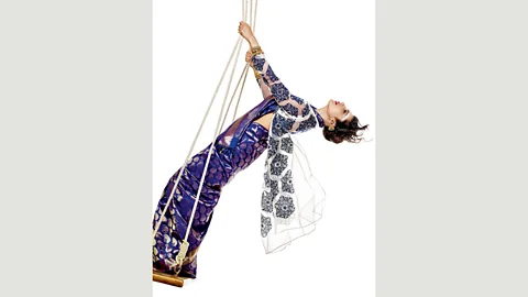 Fashion India/Thames and Hudson Actress Shruti wears an ivory organza hand-embroidered jacket by Rahul Mishra, whose designs express themes of sustainability (Credit: Fashion India/Thames and Hudson)
