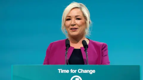 REUTERS/Clodagh Kilcoyne Michelle O'Neill delivers a speech at the Sinn Fein ard fheis in Athlone, Ireland September 27, 2024.