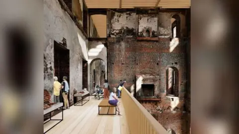 National Trust The bare walls of the house are seen with a new wooden walkway added in at first floor level with a person sitting on a bench and others looking over the railings and through doorways.