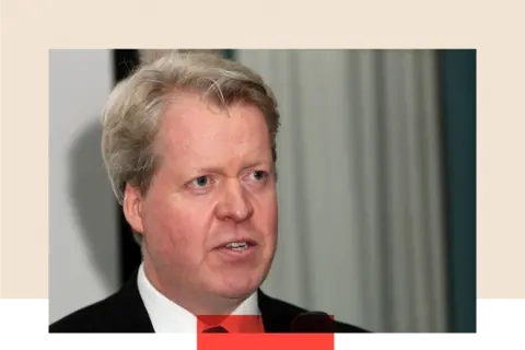 Getty Images A close-up of Lord Charles Spencer, with only a hint of his shoulder visible, dressed in a white shirt, tie, and blazer. He gazes ahead with his mouth slightly ajar.