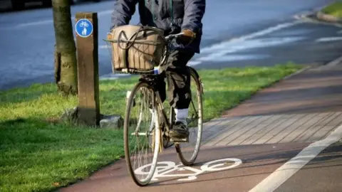 Getty Images A person on a bicycle, riding along a cycle path. There is a grass verge to their right, which runs along the main road.