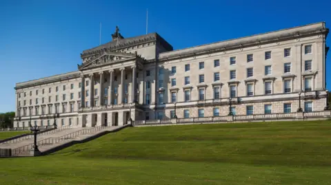 Getty Images A image of Stormont's parliament buildings against a blue sky. The building is a large, white stone building with a number of windows and six large columns at the front of it.