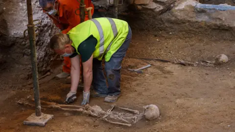 Getty Images/CESAR MANSO Skeletons were found in the ruins of the Chapel of Marvels in Valladolid in 2020