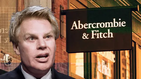 AP / Getty Images A composite image featuring Mike Jeffries, a man with blond hair and wearing a suit, against a backdrop of a storefront with the Abercrombie & Fitch logo