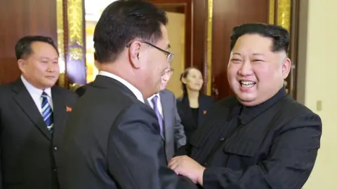 Reuters North Korean leader Kim Jong-un greets a member of the delegation of South Korea's president on March 6, 2018