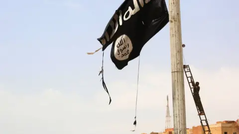 AFP A Syrian Kurdish fighter takes down an IS flag in the town of Tabqa (30 April 2017)