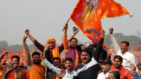 Reuters Supporters of the Vishva Hindu Parishad (VHP), a Hindu nationalist organisation, shout religious slogans