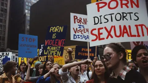 Getty Images Feminist activists of the Women Against Pornography (WAP) group in a protest 'March On Times Square', in New York City, 20th October 1979