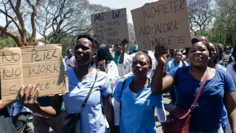 AFP Medics protesting protesting about the abduction of their union leader in September 2019