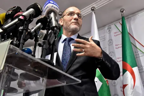 AFP Movement of Society for Peace leader Abderrezak Mokri speaks at a press conference in September 2020.