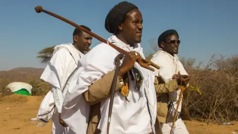 Eric Lafforgue/Art in All of Us Kura Jarso the 71st Borana Oromo Abba gadaa and his councilors, Oromia, Yabelo, Ethiopia on March 7, 2017 in Yabelo, Ethiopia