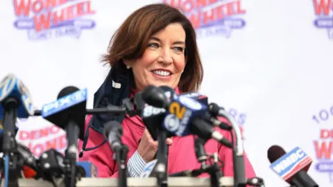 Getty/Images/Michael M. Santiago New York Lieutenant Governor Kathy Hochul speaking in Coney Island