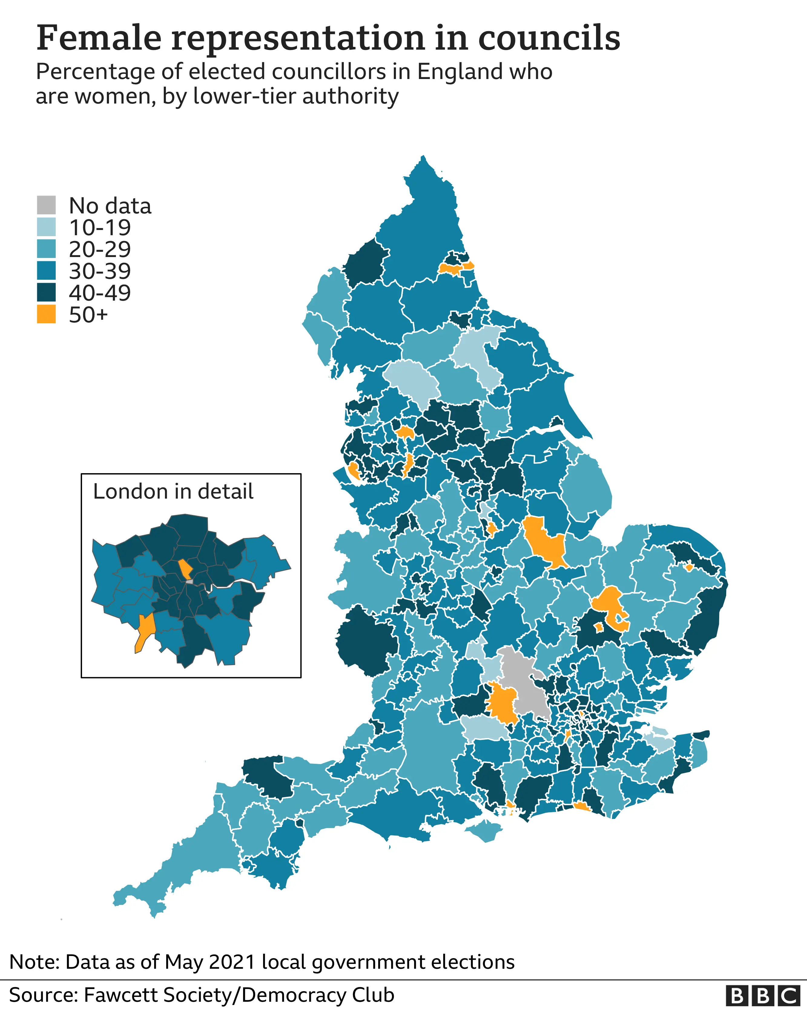 Map showing percentage of female councillors in English lower-tier councils