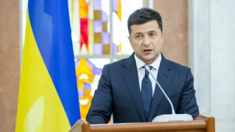 EPA President of Ukraine Volodymyr Zelensky speaks during joint briefing after meetings in Chisinau, Moldova, 27 August 2021. Moldova celebrate 30 Years of Independence on 27 August.