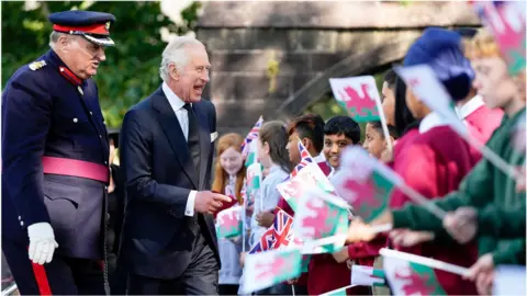 Getty Images In Cardiff, King Charles greeted members of the public after attending a service at Llandaff Cathedral in memory of his mother