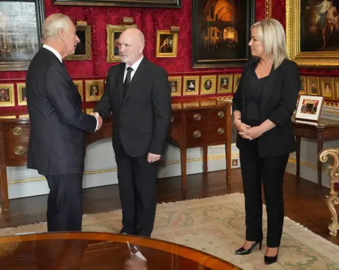 Reuters King Charles met Northern Ireland Assembly Speaker Alex Maskey and Sinn Fein Vice President Michelle O'Neill at Hillsborough Castle