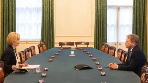 UK government Liz Truss sitting across a table from Grant Shapps