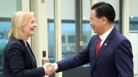 Shutterstock Liz Truss shakes the hand of Taiwan's Foreign Minister Joseph Wu