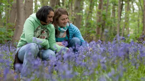 Tom Marshall Two young women among bluebells in woodland