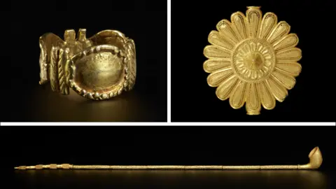 V&A Composite image showing an Asante gold ring, a cast gold badge worn by the king's "soul washer", and a ceremonial pipe