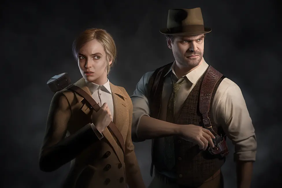 THQ Nordic A computer generated image of a man and a woman dressed in 1920s attire against a dark background with faint clouds of fog/smoke creating an eerie backdrop. The woman has her blonde hair tied back and wears a smart tan jacket as she grips a leather strap slung over her shoulder. Her eyes are focused on something off to the side and she looks nervous or uncertain. The man, who wears a brown waistcoat and matching trilby hat, suggesting he's some sort of detective, looks in the same direction, his expression stern, as he reaches for a pistol in an over-the-shoulder holster.