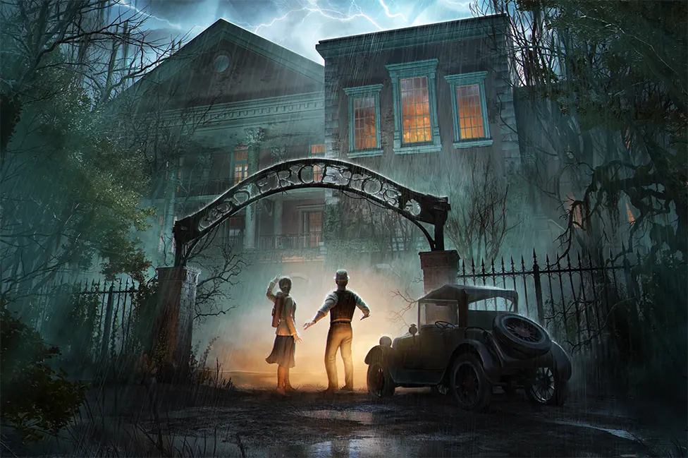THQ Nordic A painterly image of a man and a woman, backs to the viewer, looking up as they stand in the gateway to the grounds of a large mansion-style house. A lightning storm rages above the building, bathing it in an eerie light which is accentuated by an orange glow coming from the home's tall windows. Above the man and women a wrought-iron arch/sign spells out the word "DERCETO [pronounced Der-setto]" in large block capitals, and to the side a spiked iron fence marks the perimeter. Vines or moss grow on the metal, suggesting decay or neglect.