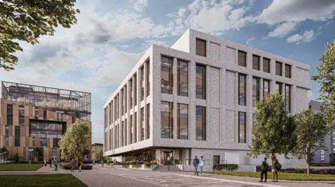 University of Huddersfield An artist's impression of the building, which is grey stone with large windows.