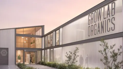 MAILEN DESIGN An artist's impression of the exterior of the facility, it shows a two-storey grey building with a sign that read Grow Lab Organics. It has an entrance that is double door made of glass.