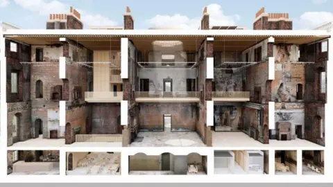 National Trust A cut-through picture of the house which shows the bare walls including damaged parts with bare plaster while wooden walkways are seen at ground and first floor level and with a cafe in the basement