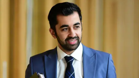 Getty Images Humza Yousaf in blue suit, white shirt and dark blue tie, carrying papers under his arm and smiling off camera. He is inside a room we cannot make out.