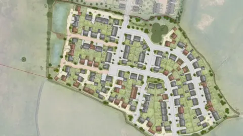 Thrive Architects A top-down plan showing the layout of an 150 home development in a rural area
