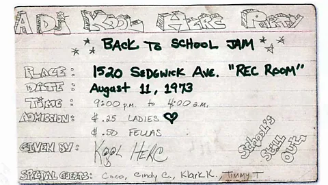 Getty Images The original invitation for Cindy Campbell and DJ Kool Herc's 'back to school jam on 11 August, 1973 (Credit: Getty Images)