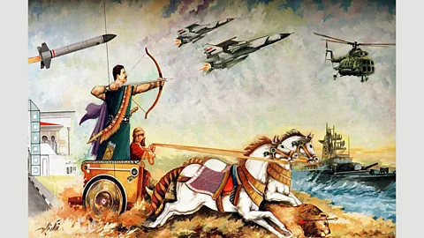 Getty Images Determined to establish a link between his rule and that of the ancient Babylonians, Saddam Hussein commissioned this mural of himself in a chariot (Credit: Getty Images)