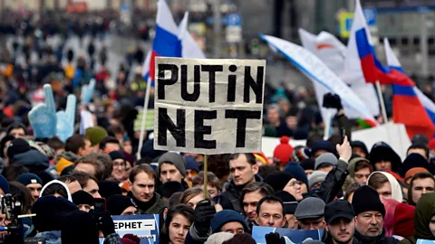 Getty Images Russia's increasingly restrictive internet policies have sparked protests across the country, including this demonstration in Moscow in March 2019 (Credit: Getty Images)