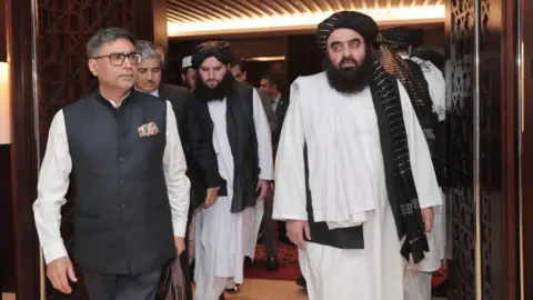 Mea india Foreign Secretary Vikram Misri during a meeting with Acting Foreign Minister of Afghanistan Mawlawi Amir Khan Muttaqi, in Dubai. (Photo Credit: X/@MEAIndia)
