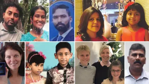 BBC Victims of the attacks:, Top, L-R: Rangana Fernando, Danadiri Fernando, Subramani Christopher, Manik Suriaaratchi and daughter Alexandria. Bottom, L-R: Monique Allen, Sarah and Sharon Santhakumar, Alex, Anita and Annabel Nicholson, Ramesh Raju