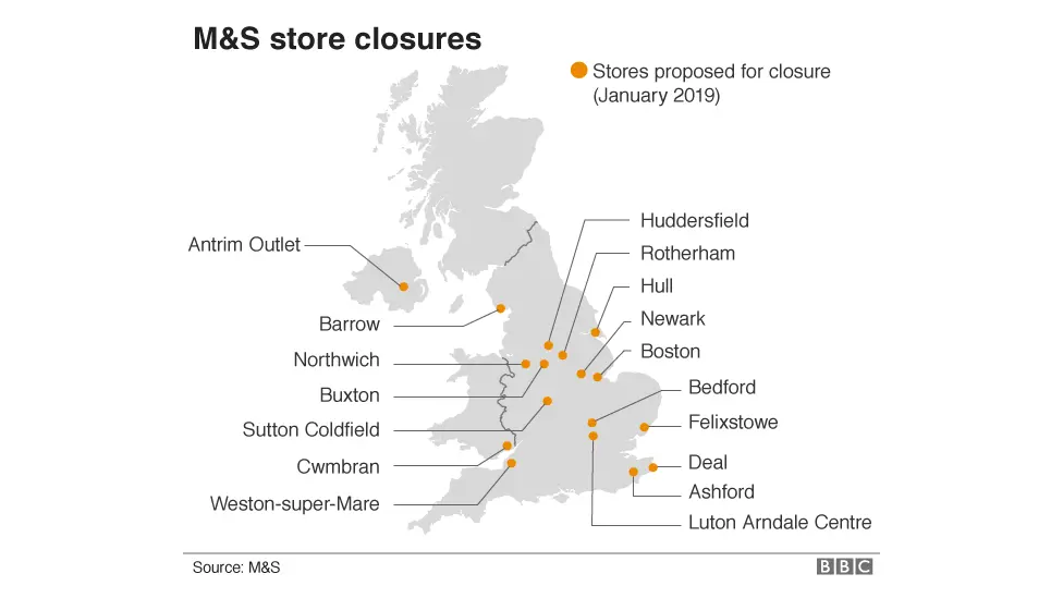 Map of locations for proposed Marks & Spencer store closures