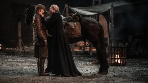Helen Sloan/HBO Brienne with Jaime Lannister