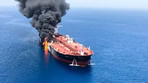 EPA Crude oil tanker Front Altair on fire in the Gulf of Oman (13 June 2019)