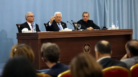 EPA Palestinian Authority President Mahmoud Abbas speaks to foreign journalists in Ramallah, in the occupied West Bank (23 June 2019)