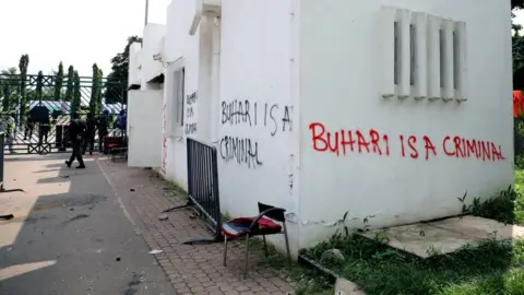 Getty Images A security post vandalised by supporters of an imprisoned leader of the Islamic Movement of Nigeria (IMN) Ibrahim Zakzaky at the premises of national assembly building in Nigeria's capital Abuja, on July 9, 2019.
