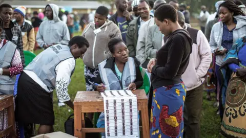 Getty Images A Malawian Electoral Commission officer checks the voters roll before opening voting stations during general elections on May 21, 2019