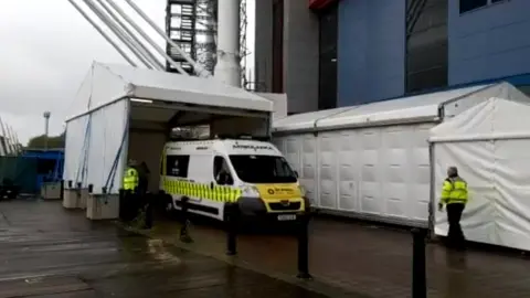 Cardiff and Vale UHB An ambulance arriving at the Dragon's Heart field hospital at the Principality Stadium