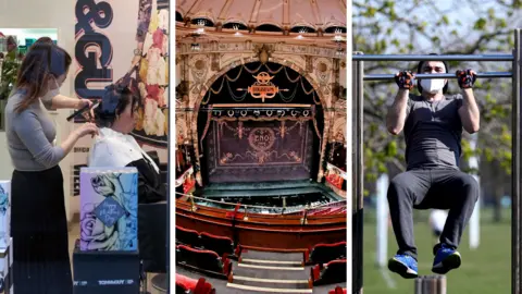 PA Media A three picture composite of a hairdresser works in London on 18 March 2020, a deserted Coliseum Theatre in London on 11 June 2020 and person uses outdoor gym in Clapham on 24 March 2020