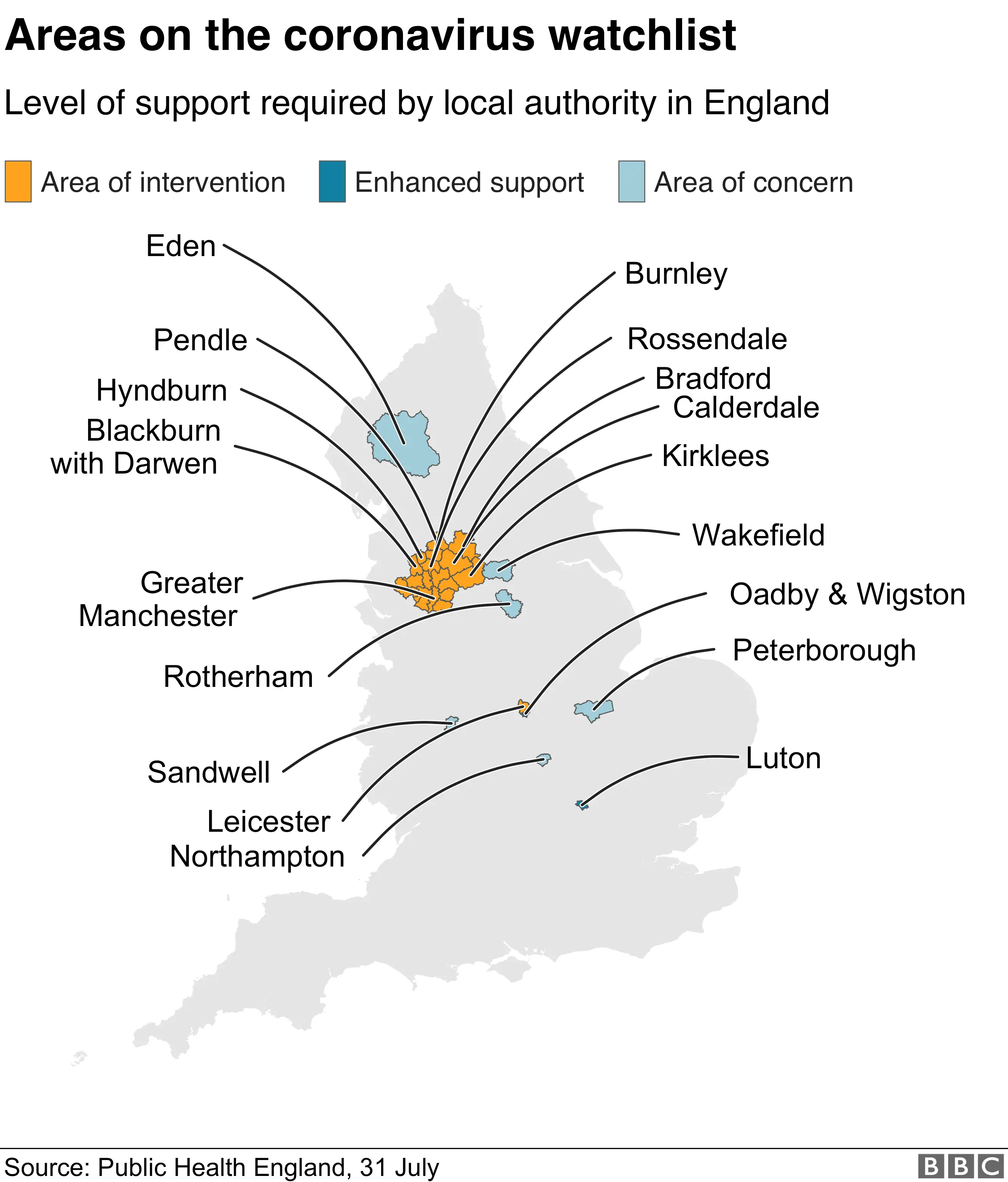 Map showing the areas currently on the watchlist