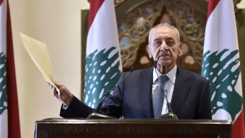 EPA Lebanese Parliamentary Speaker Nabih Berri speaks at a news conference in Beirut on 1 October 2020